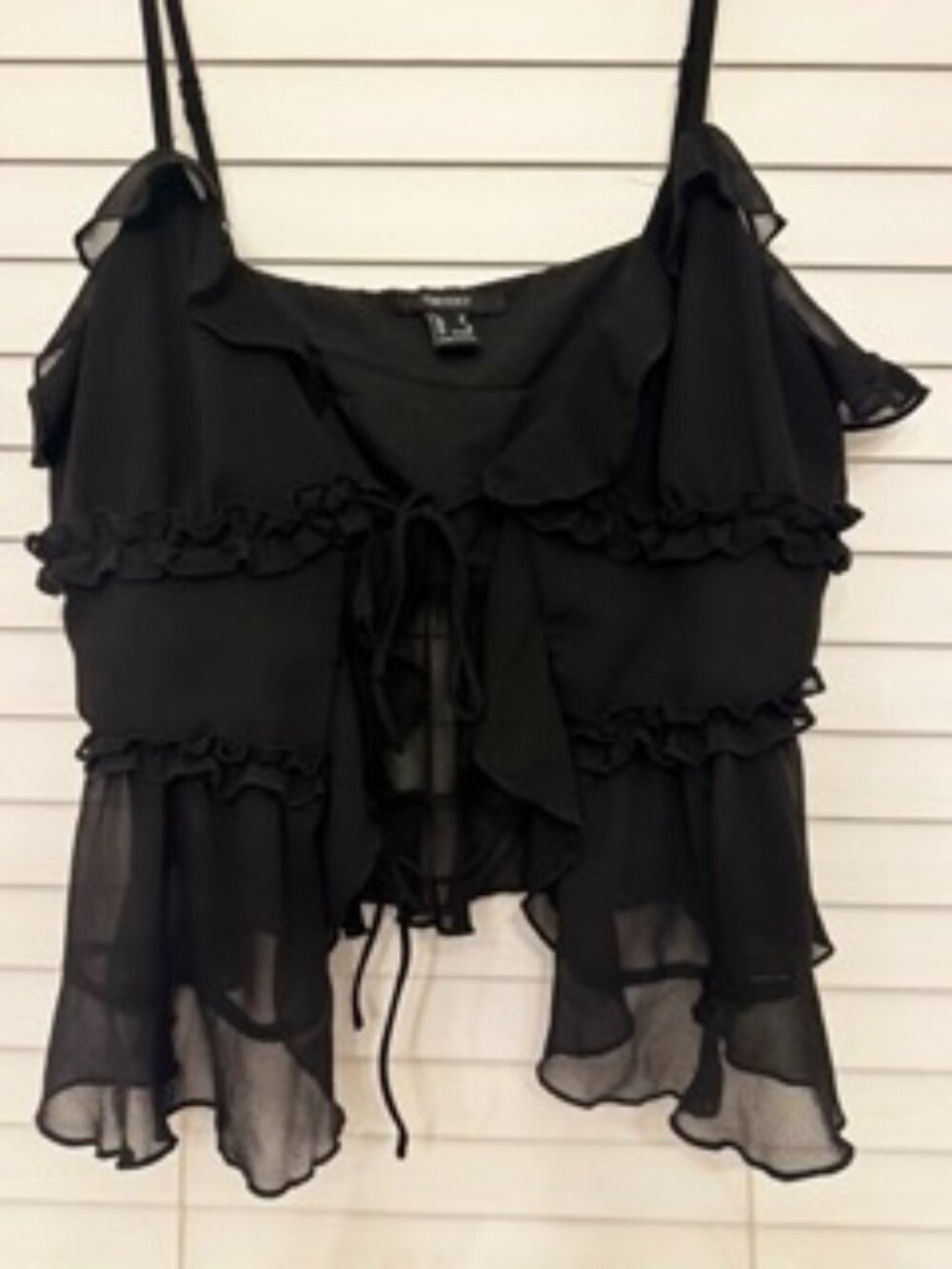 Forever 21 Black Sheer Ruffle Tie Front Top M Whimsigoth Gothic Indie Sleeze
